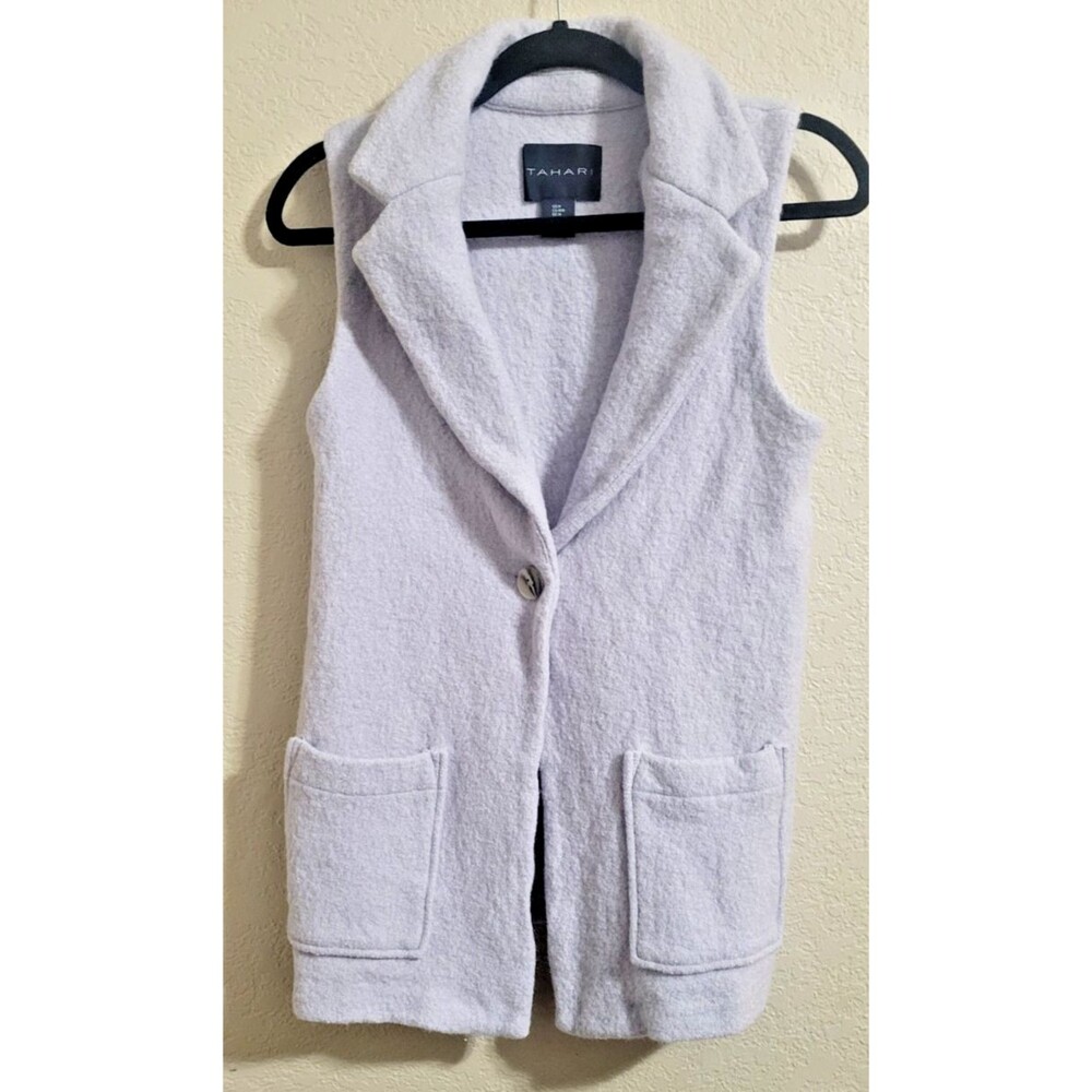 Tahari Vest Womens Medium Preppy Wool Blend Light Gray Collared Cardigan